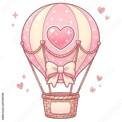 Colorful hot air balloon with heart design and sparkles in a dreamy landscape