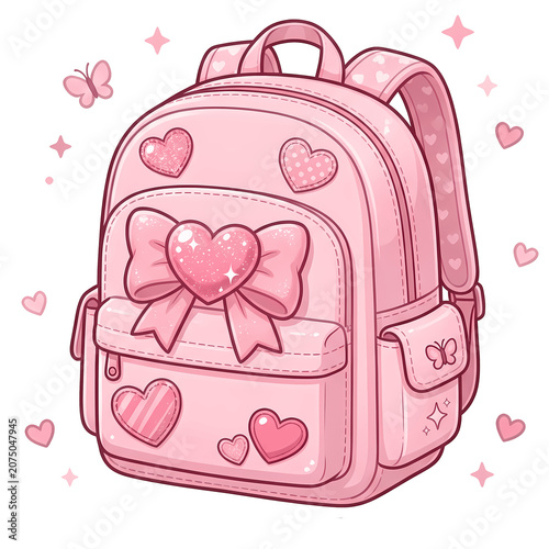 Pink backpack with hearts and bow design, perfect for school or everyday use in a cheerful setting with butterflies and stars