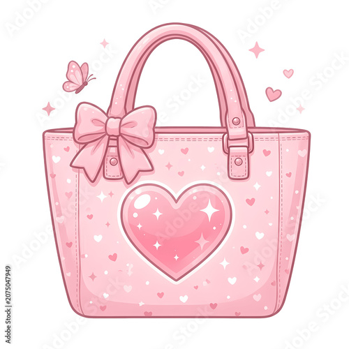 Pink handbag with heart design and bow placed on a light background with butterflies and sparkles