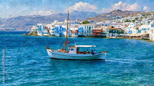 Boat sails in Mykonos port. Sapphire waters surround it in Greece.