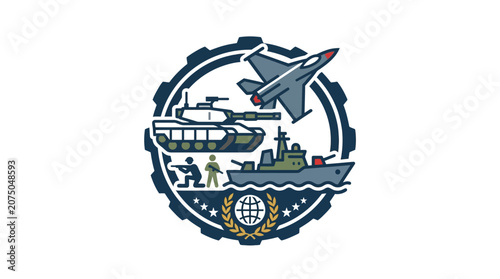 Global Military Defense Emblem with Tank Jet Fighter and Warship