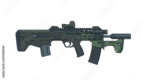 Futuristic Tactical Bullpup Assault Rifle Vector Illustration with Red Dot Sight
