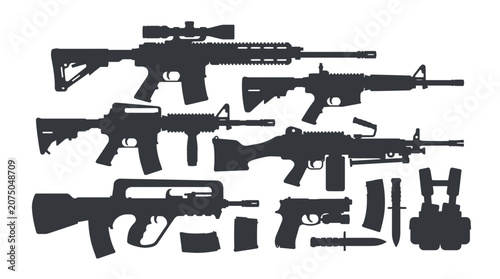 Collection of modern tactical firearms silhouettes including assault rifles sniper rifle and gear
