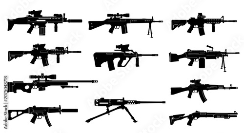 Collection of Modern Tactical Firearms and Military Weapon Silhouettes