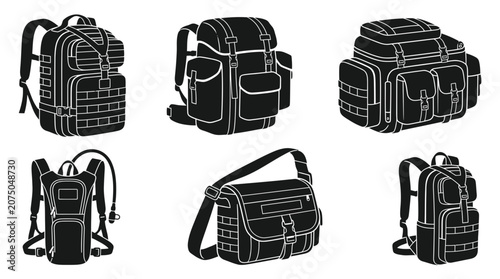 Collection of Tactical Outdoor Backpacks and Hiking Gear Silhouette Icons