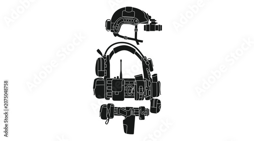 Complete Modern Military Tactical Gear Silhouette Set with Helmet and Vest