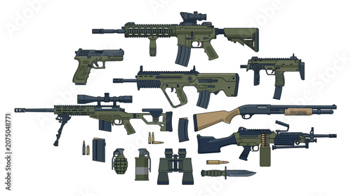 Comprehensive Collection of Modern Military Firearm Illustrations and Tactical Combat Equipment Set