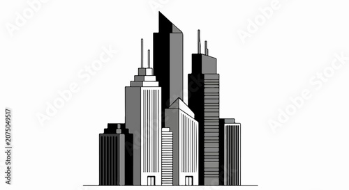 Monochrome Architectural Illustration of Modern City Skyscrapers and Buildings.
