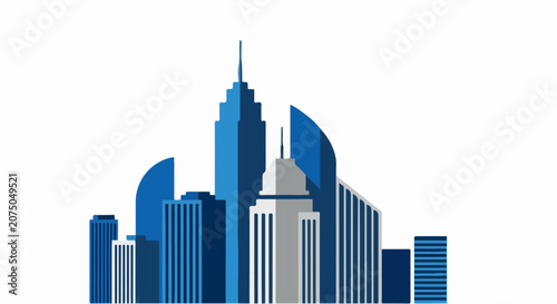 Modern Cityscape with Blue and Grey Buildings Against White Background.