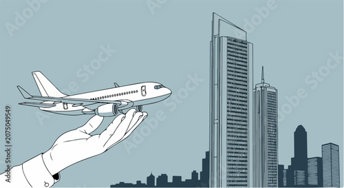 Hand Holding Airplane Conceptual Illustration of Flight and Travel.