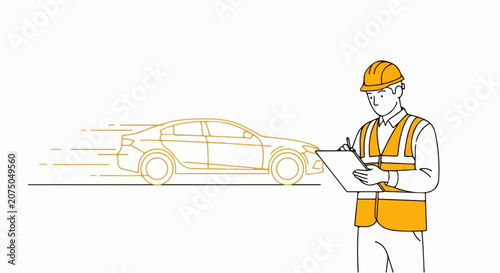 Engineer Inspecting Car Design and Performance with Checklist.
