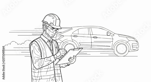 Engineer Inspecting Vehicle Blueprint with Clipboard and Hard Hat.