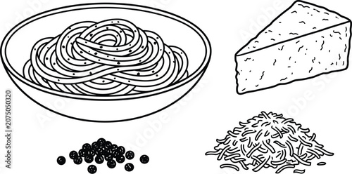 Canvastavla Italian Cacio e Pepe Pasta Recipe Ingredients Vector Set Featuring Spaghetti Bow