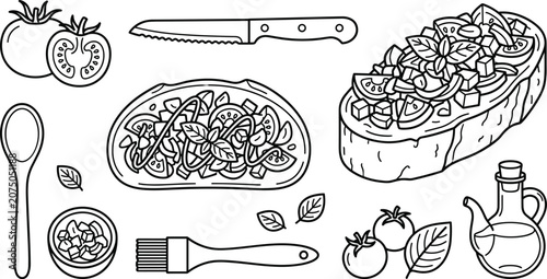 Canvas Print Italian Tomato Bruschetta Recipe Preparation Vector Set Featuring Loaded Crostin