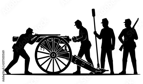 Tableau sur toile Black silhouette artillery crew with field cannon military soldiers operating he