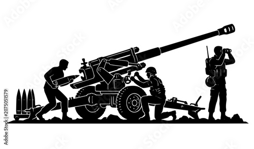 Obraz na plátně Modern military artillery position with soldiers and heavy cannon black silhouet