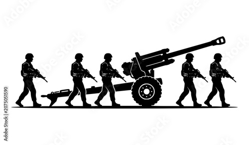Foto Military artillery convoy with marching soldiers and heavy field cannon black si