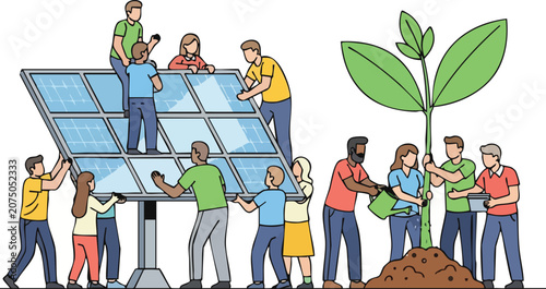 Diverse Team Working Together to Install Solar Panels and Care for Plants Promoting Renewable Energy and Sustainability