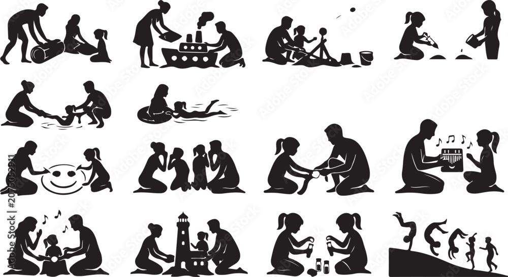 Fototapeta premium Set of silhouettes of parents and children playing together, family activities and leisure time