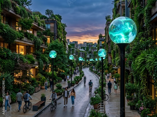 Futuristic eco city street with vertical gardens and lights.