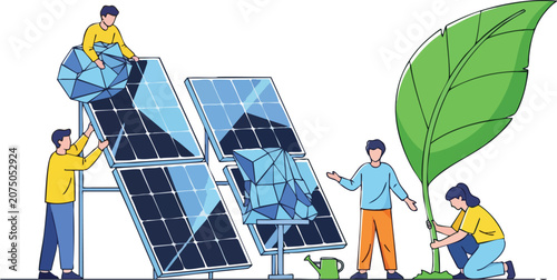Environmental Activists Working Together to Install Large Solar Panels and Nurture a Giant Green Leaf for Sustainability