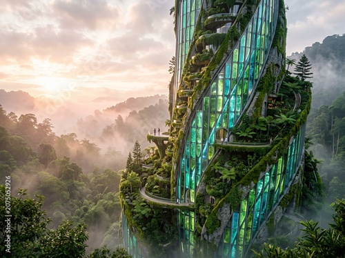 Futuristic glass skyscraper with vertical gardens in misty jungle.