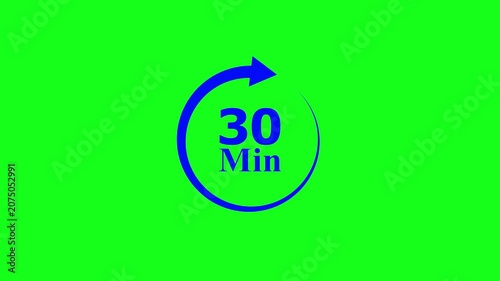 30 minute timer icon with circular arrow on green screen background