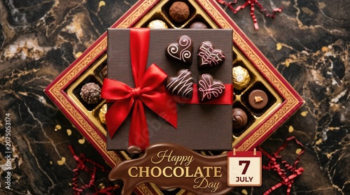 Overhead view of a luxurious red heart gift box filled with assorted chocolates on dark festive background