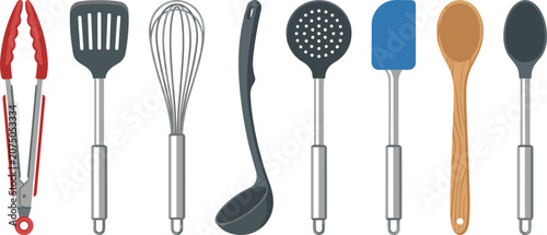 Photos Kitchen utensils and cooking tools vector illustration set featuring tongs spatu