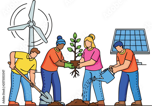 Group of Diverse Environmental Activists Planting a Sapling Near a Wind Turbine and Solar Panel for Clean Energy