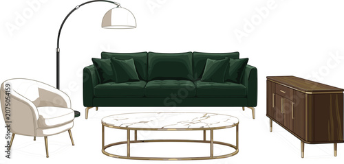Photos Luxury living room furniture set vector illustration with emerald velvet sofa ma
