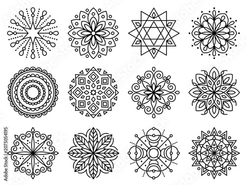 Intricate geometric mandala designs featuring diverse patterns, perfect for spiritual art, tattoos, logos, and decorative illustrations in black and white vector format