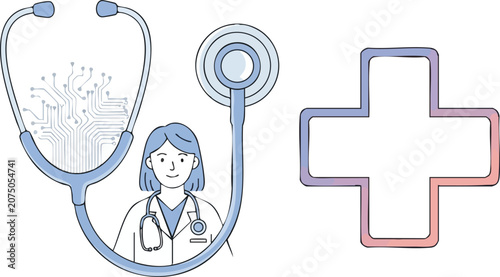 Healthcare Professional Standing Next to Giant Stethoscope and Medical Cross Symbol for Modern Digital Wellness Services