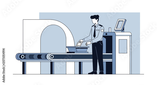 Airport Security Scanner with Guard, Traveler Bag Inspection