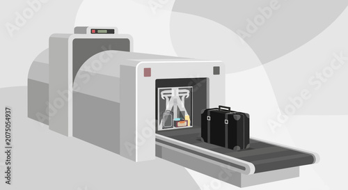 Airport Security Scanner with Luggage on Conveyor Belt - X-ray Inspection