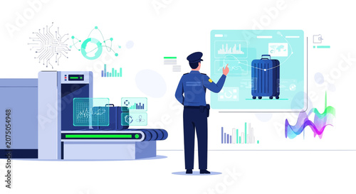 Airport Security Scanner with Officer Analyzing Data and Luggage