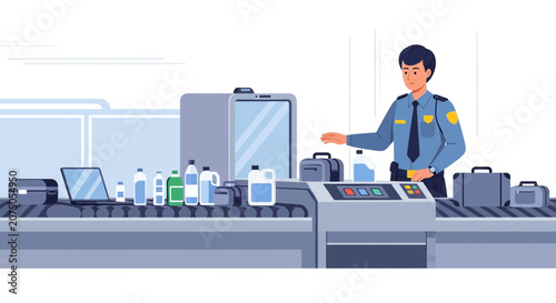 Airport Security Scanner with Officer and Luggage