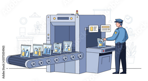 Airport Security Scanner with Officer Checking Luggage - Illustration