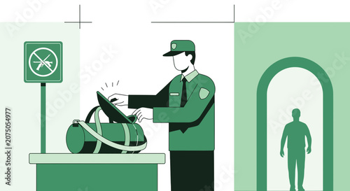 Airport Security Scanner, Guard Checking Luggage, Person Entering Gate. Vector.