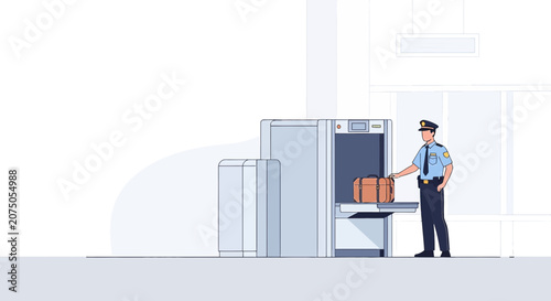 Airport Security Scanner, Guard Inspecting Luggage, Travel Safety Inspection