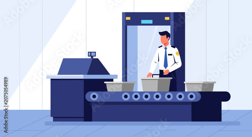 Airport security scanner, guard checks baggage on conveyor belt, travel safety