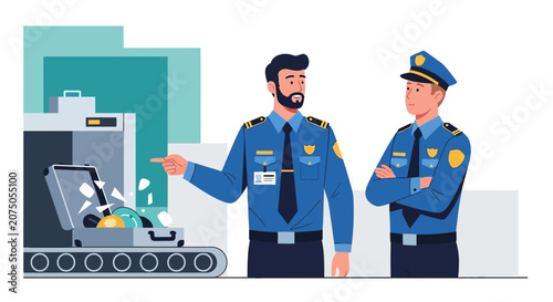 Airport Security Officers Inspecting Luggage at Baggage Checkpoint X-ray Scanner