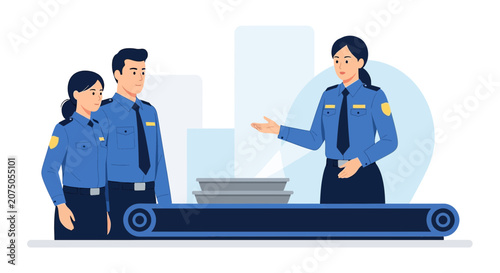 Airport Security Officers Inspecting Luggage on Conveyor Belt with Trays
