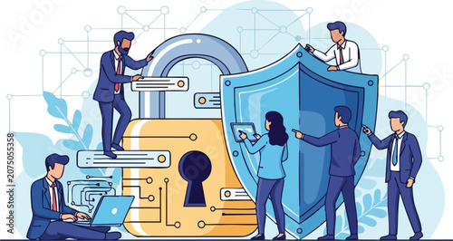 IT Professionals Guarding Corporate Information Security Systems With Massive Padlock and Protective Shield on Grid Background