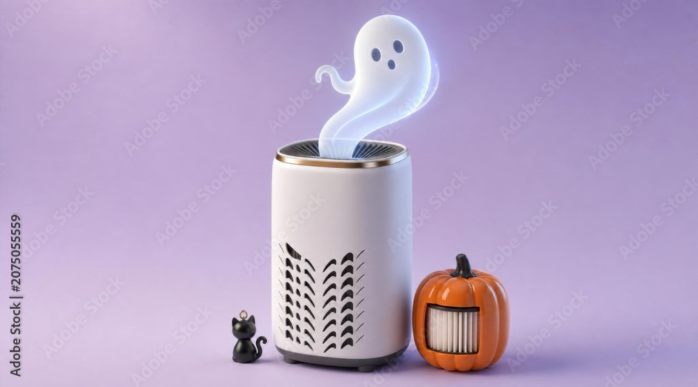 Obraz premium Halloween pumpkin air freshener with ghost smoke and black cat figurine