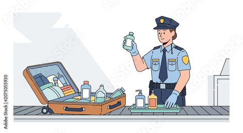 Airport Security Officer Inspecting Luggage with Liquids