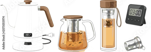 Cuadro en lienzo Modern electric tea brewing set illustration with gooseneck kettle glass infuser