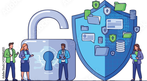 IT Specialists Standing Next to a Giant Digital Padlock and Massive Shield Protecting Sensitive Data Folders