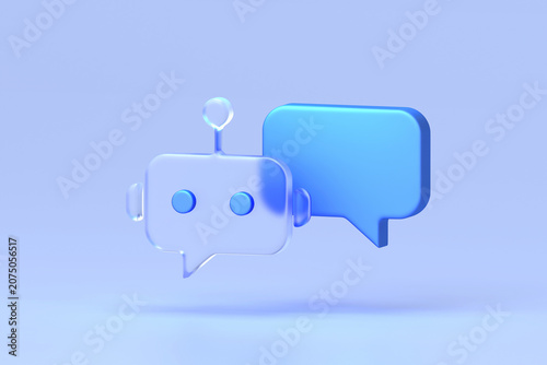 Glassmorphism icon set featuring translucent chatbot bubble and blue message notification symbol on soft gradient background