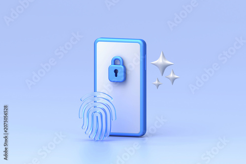 Glassmorphism icon set combining blue smartphone with secure padlock and translucent fingerprint scanner for biometric verification